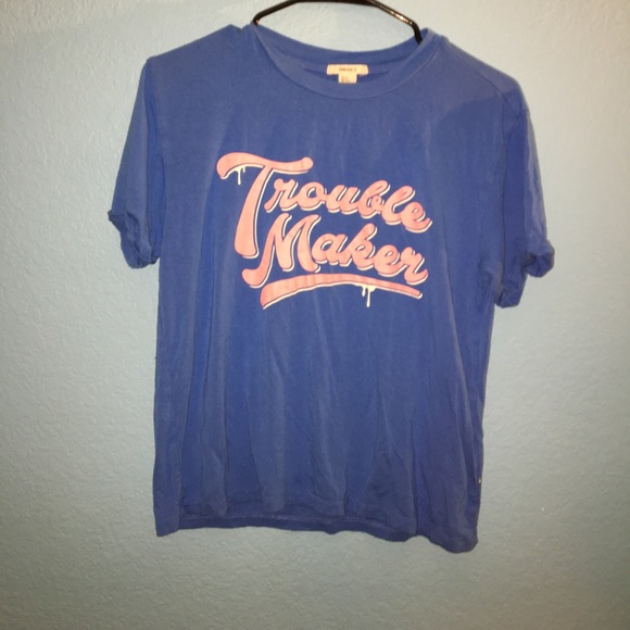 Forever 21 blue short sleeve shirt with pink text - Picture 1 of 1